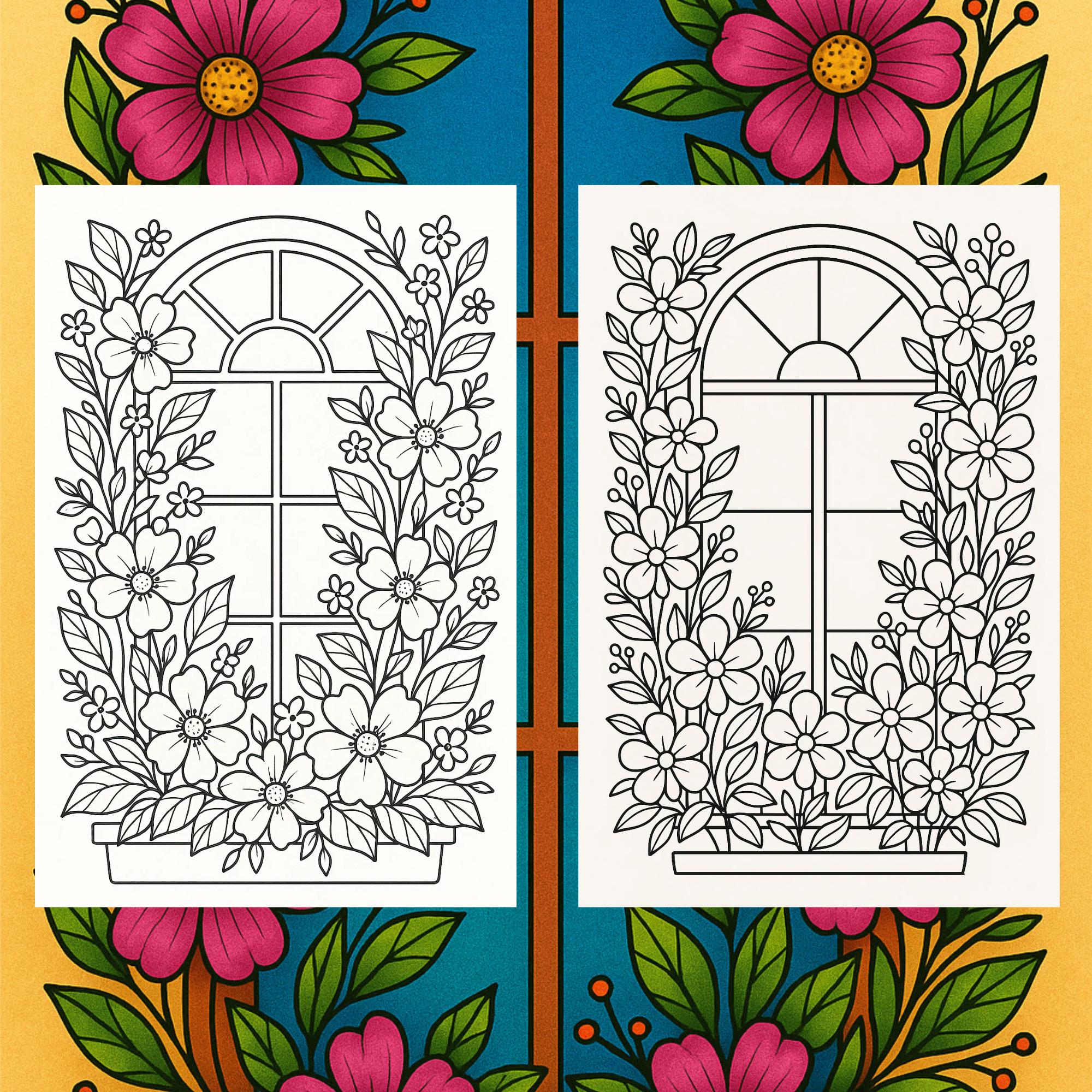 Floral Window Coloring Pages: Grayscale Illustrations (printable PDF ...