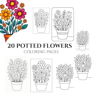 20 Potted Flowers Coloring Pages - Adults And Kids Coloring Book, Greyscale, Digital Coloring Sheets, Instant Download, Printable PDF File.