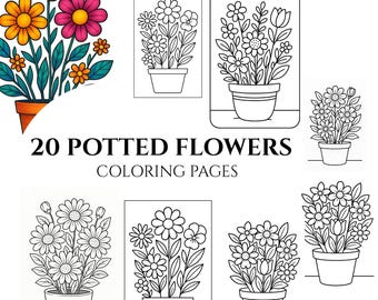 Libro para colorear de flores en maceta: 20 páginas en escala de grises (archivo PDF imprimible)