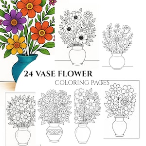 Vase Of Flowers Coloring Pages, Adults And Kids, Greyscale Coloring Book, Instant Download, Printable PDF, preschool, printable color pages.