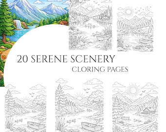 20 kleurplaten sereen landschap - kleurboek voor volwassenen en kinderen, kleurplaten, grijstinten, direct downloaden, afdrukbaar pdf-bestand.