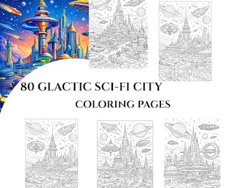80 Galactic Sci-Fi City kleurplaten – Sci-Fi Worlds in grijstinten (digitale download)