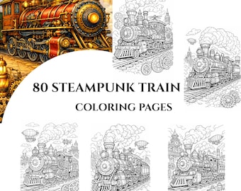 80 Steampunk trein kleurplaten - fantasiekunst in grijstinten (afdrukbaar pdf-bestand)