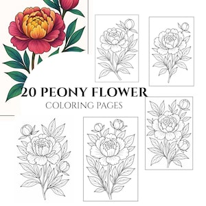 20 Peony Flower Coloring Pages - printable Coloring Book, Greyscale, Digital Coloring Sheets, Instant Download, Printable PDF File, PNG.
