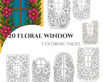 Kleurplaten bloemenvenster: illustraties in grijstinten (afdrukbaar pdf-bestand)