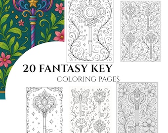 Dibujos para colorear de llaves de fantasía: 20 diseños en escala de grises (archivo PDF imprimible)
