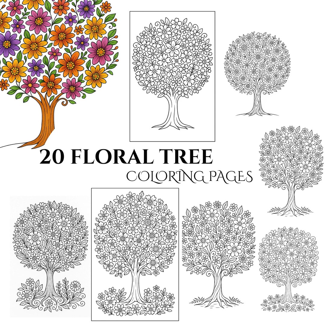 Tree Color Pdf Floral Tree Coloring Book: 20 Greyscale Pages (printable PDF File) - Etsy