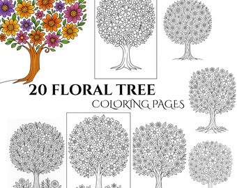 Floral Tree Coloring Book: 20 Greyscale Pages (Printable PDF File)