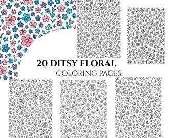 Kleurboek met ditsy bloemen: 20 grijstintenpagina's (afdrukbaar pdf-bestand)