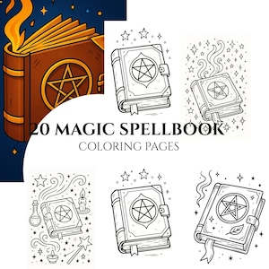 May include: An illustration of a brown spellbook with a gold pentagram on the cover, with flames rising from the top. The text "20 MAGIC SPELLBOOK COLORING PAGES" is displayed below the book. Additional line art images of spellbooks are also shown.