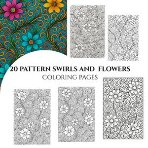 Könnte beinhalten: Ein Bild mit floralen Malvorlagen mit komplizierten Wirbelmustern. Das Bild zeigt ein lebendiges, farbenfrohes Blumendesign und mehrere Schwarz-Weiß-Malvorlagen. Der Text lautet: "20 PATTERN SWIRLS AND FLOWERS COLORING PAGES."