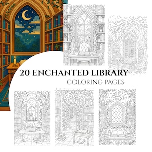 Może przedstawiać: Obraz przedstawiający 20 stron do kolorowania z serii Enchanted Library. Ilustracje przedstawiają różne sceny biblioteczne z łukowatymi oknami, półkami na książki i dekoracyjnymi detalami. Strony do kolorowania są czarno-białe.