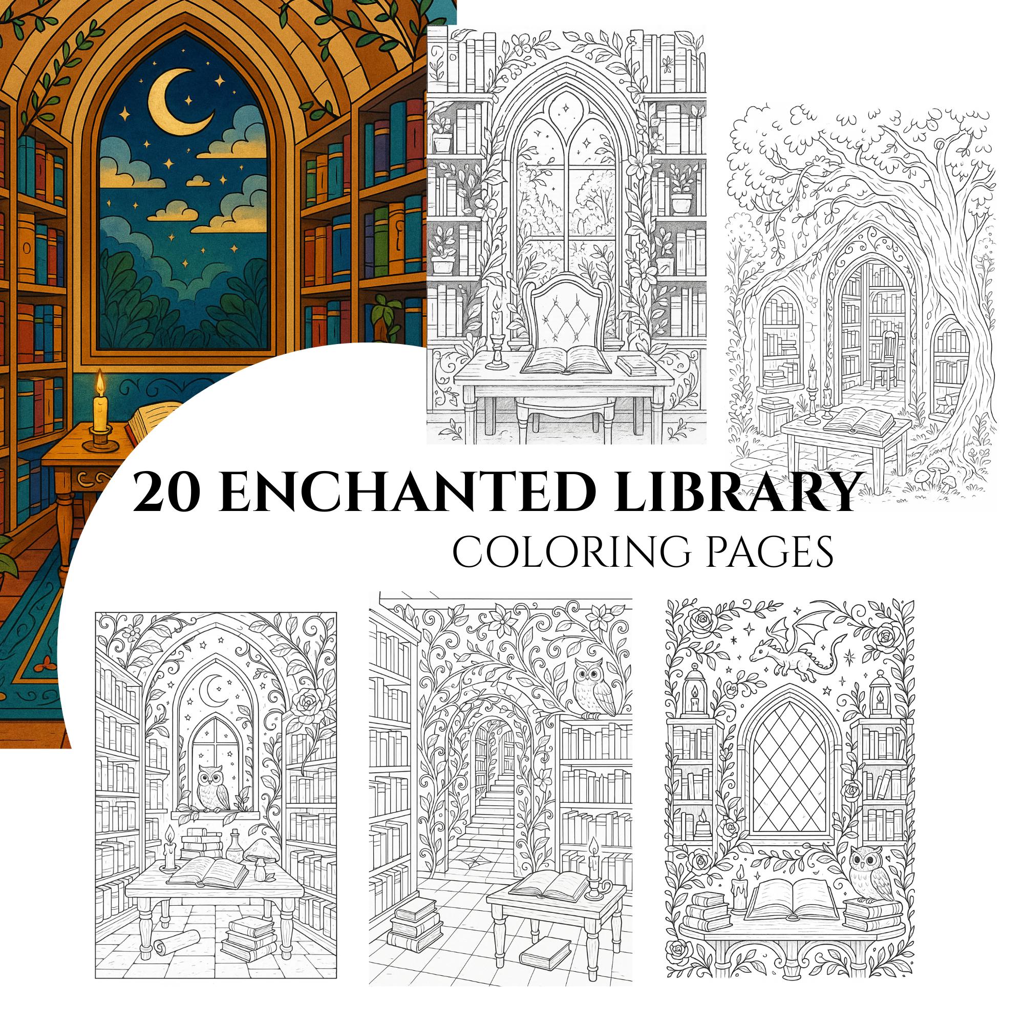 Enchanted Library Coloring Pages: 20 Fantasy Book Illustrations ...
