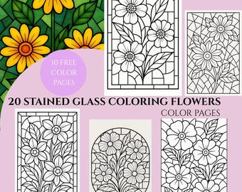 May include: A collection of 20 stained glass coloring flowers pages featuring black and white line art designs of floral patterns in geometric frames. The text 10 FREE COLOR PAGES and 20 STAINED GLASS COLORING FLOWERS COLOR PAGES is visible.