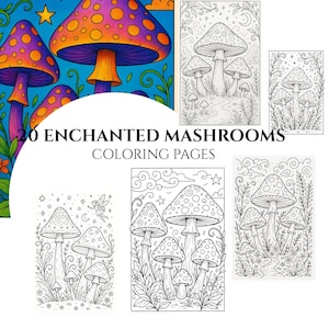 Może przedstawiać: Kolekcja 20 stron do kolorowania Enchanted Mushrooms. Obraz przedstawia żywą, kolorową ilustrację grzybów z pomarańczowymi i fioletowymi kapeluszami oraz kilka czarno-białych rysunków grzybów.