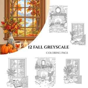 May include: A collection of 12 autumn greyscale colouring pages featuring seasonal scenes. The images include windows overlooking landscapes with trees, pumpkins, fireplaces, books, and mugs. The text 12 FALL GRESCALE COLORING PAGS is centred.