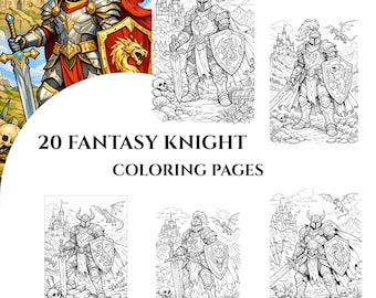 Kleurplaten Fantasy Knight - grijstintenillustraties, kinderen en volwassenen (afdrukbaar pdf-bestand)