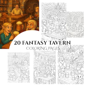 20 páginas para colorear de Fantasy Tavern - Libro para colorear para adultos, escala de grises, hojas para colorear, descarga instantánea, archivo PDF imprimible, preescolar, PNG.