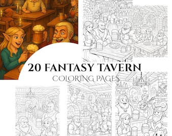Fantasy Tavern Coloring Pages: Grayscale Illustrations (Printable PDF File)