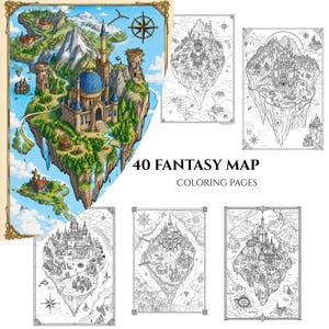 Puede incluir: Una colección de 40 páginas para colorear de mapas de fantasía con dibujos lineales detallados de islas flotantes con castillos, montañas y bosques. Un gran ejemplo a color muestra un castillo de cúpula azul en una isla con brújula.