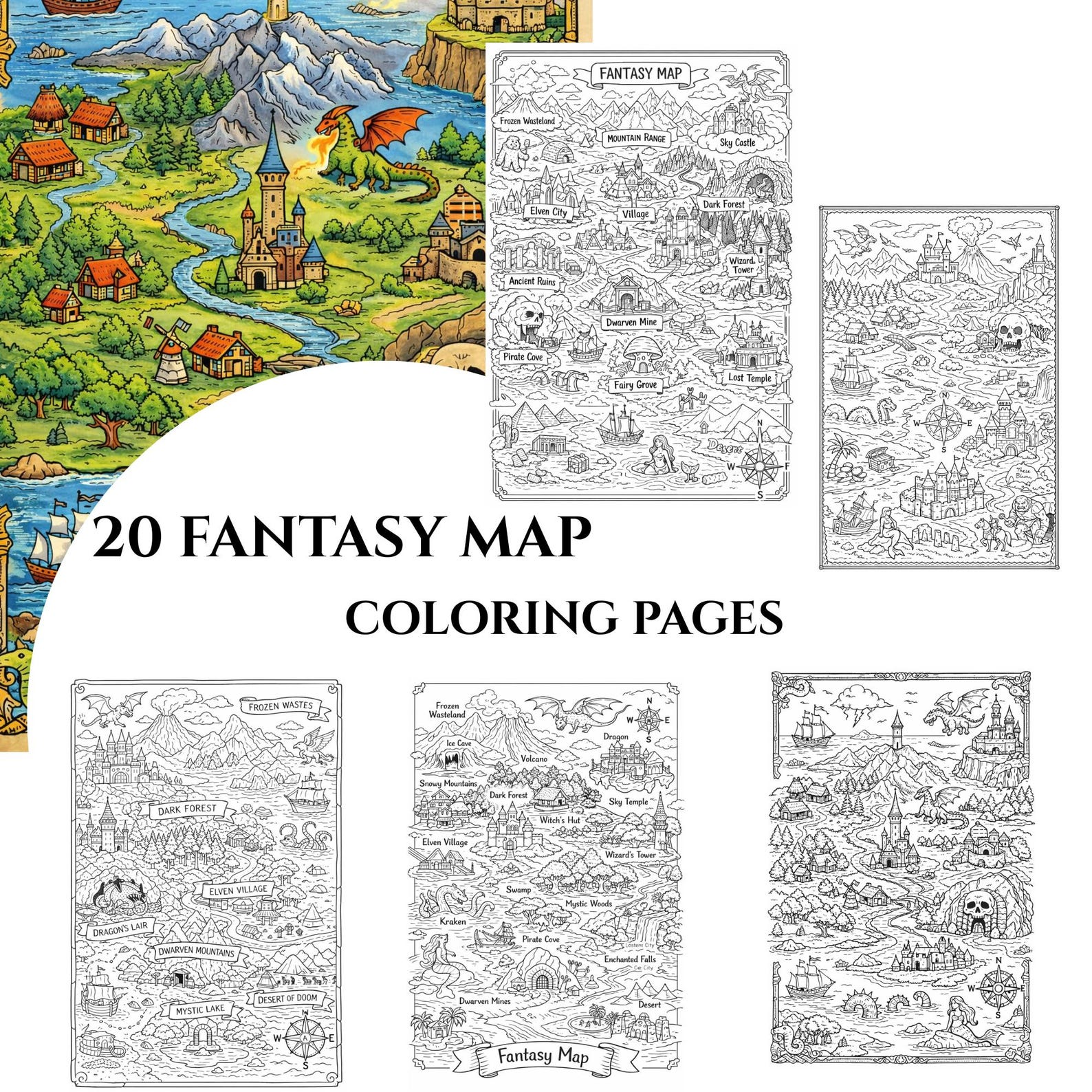 Fictional Map Colorable Fantasy Map Coloring Pages - 20 Printable Designs (PDF File) - Etsy
