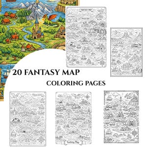 May include: A collection of 20 fantasy map coloring pages. The maps are black and white illustrations of various fantasy landscapes, including castles, dragons, and ships. The text "20 FANTASY MAP COLORING PAGES" is displayed.