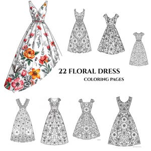 May include: A collection of 22 floral dress coloring pages featuring one dress with vibrant red, orange, and green floral illustrations and several other dresses with intricate black and white line art patterns of various floral designs.
