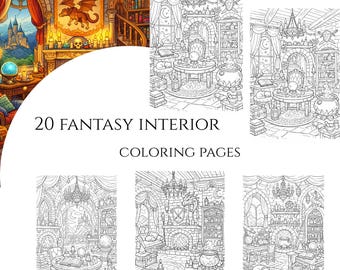 Pagine da colorare di interni fantasy - 20 in scala di grigi (file PDF stampabile)