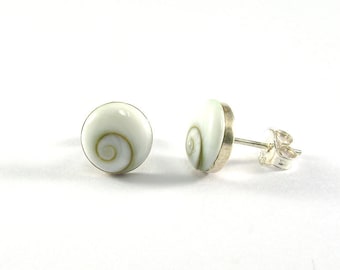8 mm. Natural Shiva Eye Shell with 925 Sterling Silver Post Stud Earrings