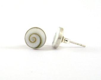8 mm. Natural Shiva Eye Shell with 925 Sterling Silver Post Stud Earrings