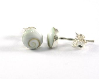 6 mm. Natural Shiva Eye Shell with 925 Sterling Silver Post Stud Earrings