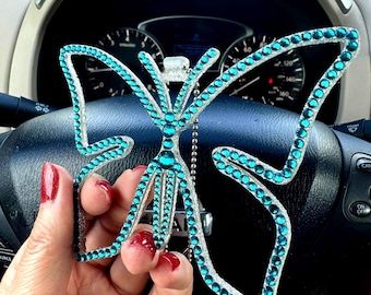 Butterfly Car Charm Car Blue, Crystal Decor, Cute Accessories, Girly Accessory, Rear view Mirror Hanger, Gifts for Friends