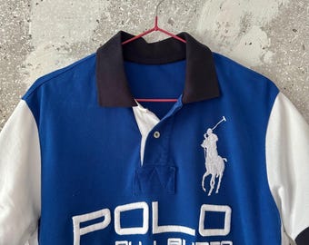 90S Vintage Polo Ralph Lauren Big Logo Pony Blue White Rugby T