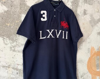 90S Vintage Polo Ralph Lauren Big Logo LXVII Blue White Red Rugby