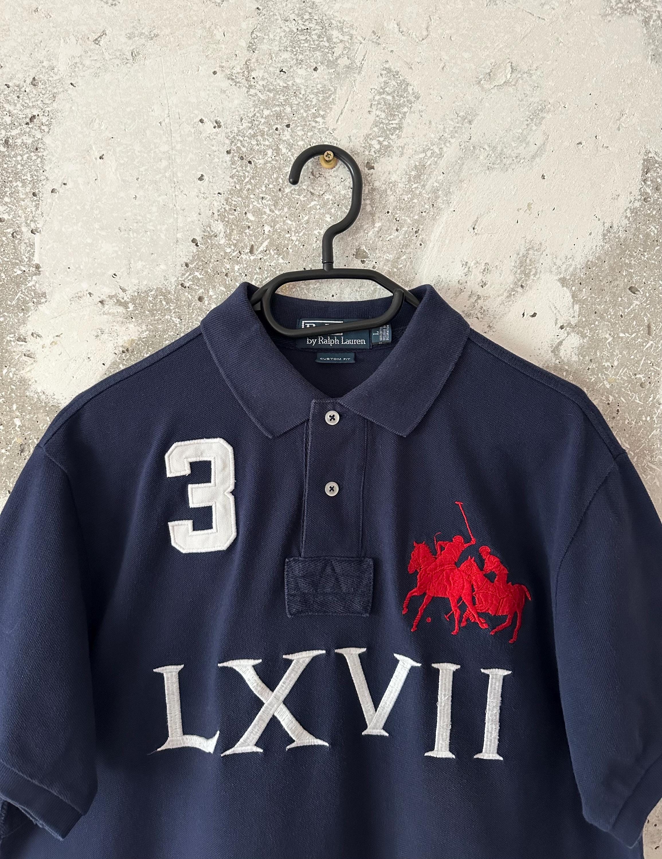 90S Vintage Polo Ralph Lauren Big Logo LXVII Blue White Red Rugby