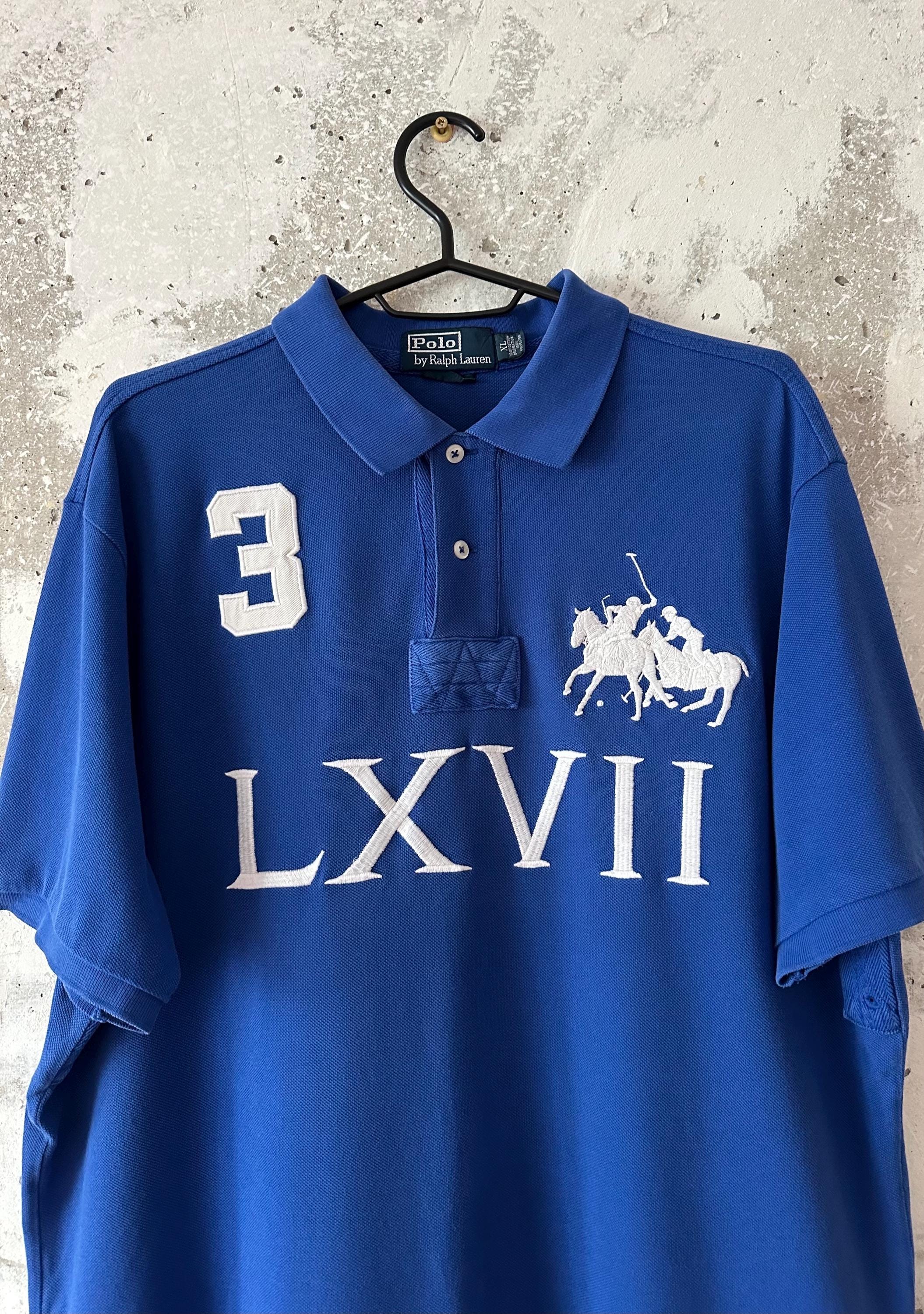 90S Vintage Polo Ralph Lauren Big Logo LXVII Pony Blue White T