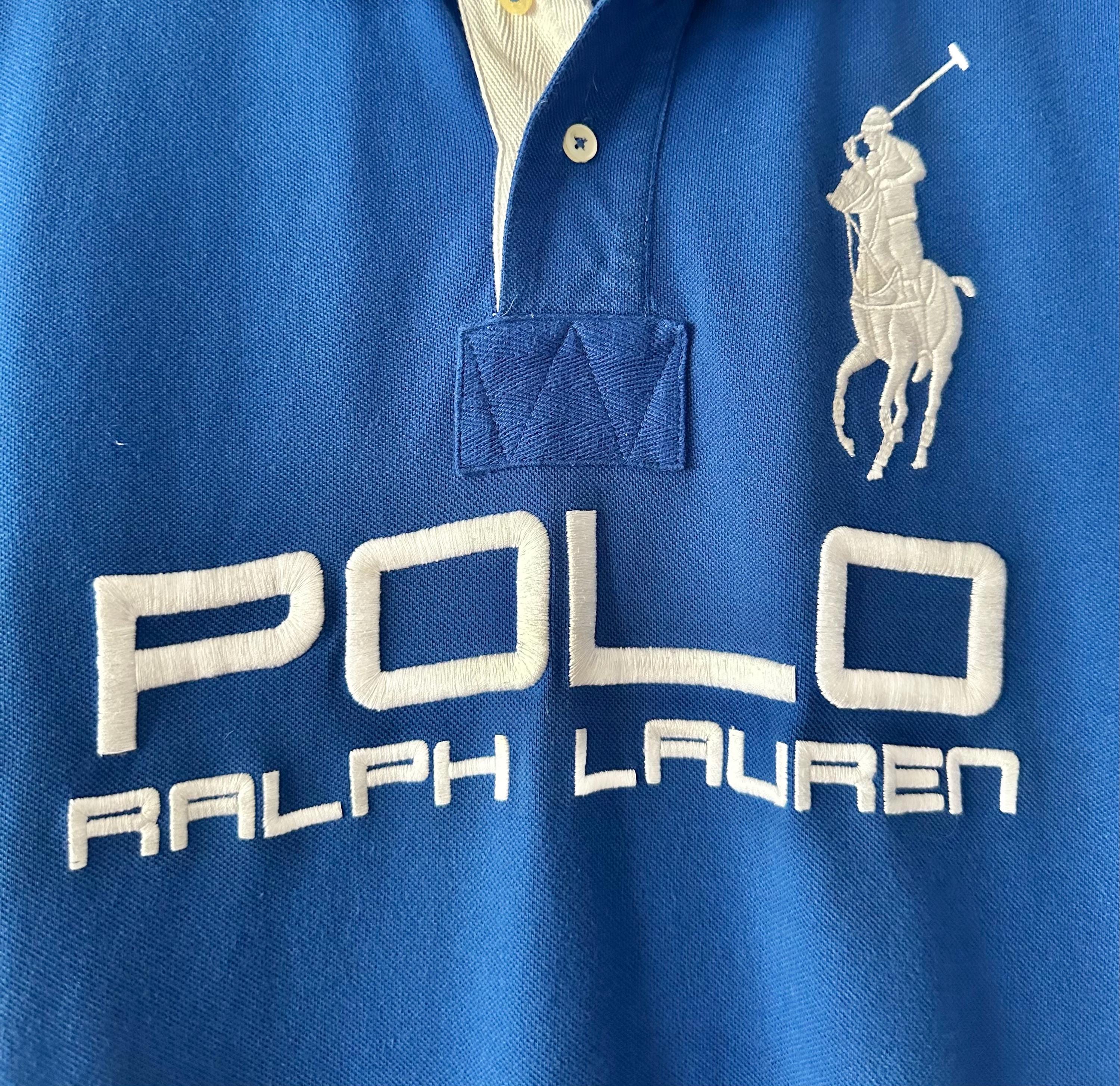 90S Vintage Polo Ralph Lauren Big Logo Pony Blue White Rugby T