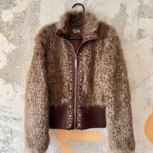 Increíble abrigo bomber de algodón con estampado de leopardo y piel sintética de mohair estilo Y2K, talla M, estilo opio LGB, Si seis fueran nueve