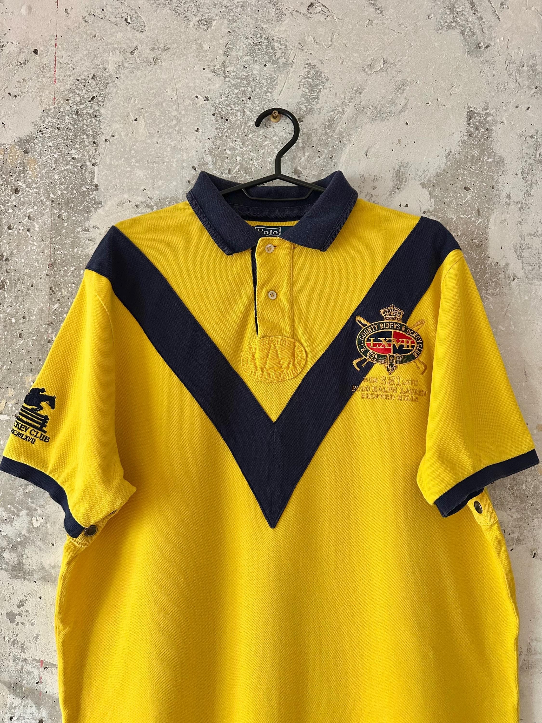 90S Vintage Polo Ralph Lauren Yellow Black Big Logo Rugby T-shirt 