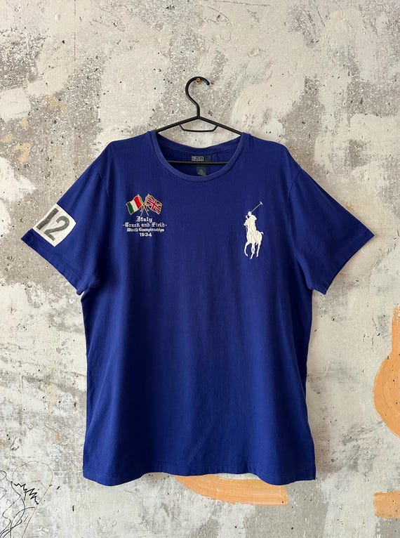 90S Vintage Polo Ralph Lauren Big Logo ITALY Blue T-shirt Size L
