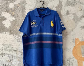 90S Vintage Polo Ralph Lauren Big Pony Collar Blue Yellow T -shirt