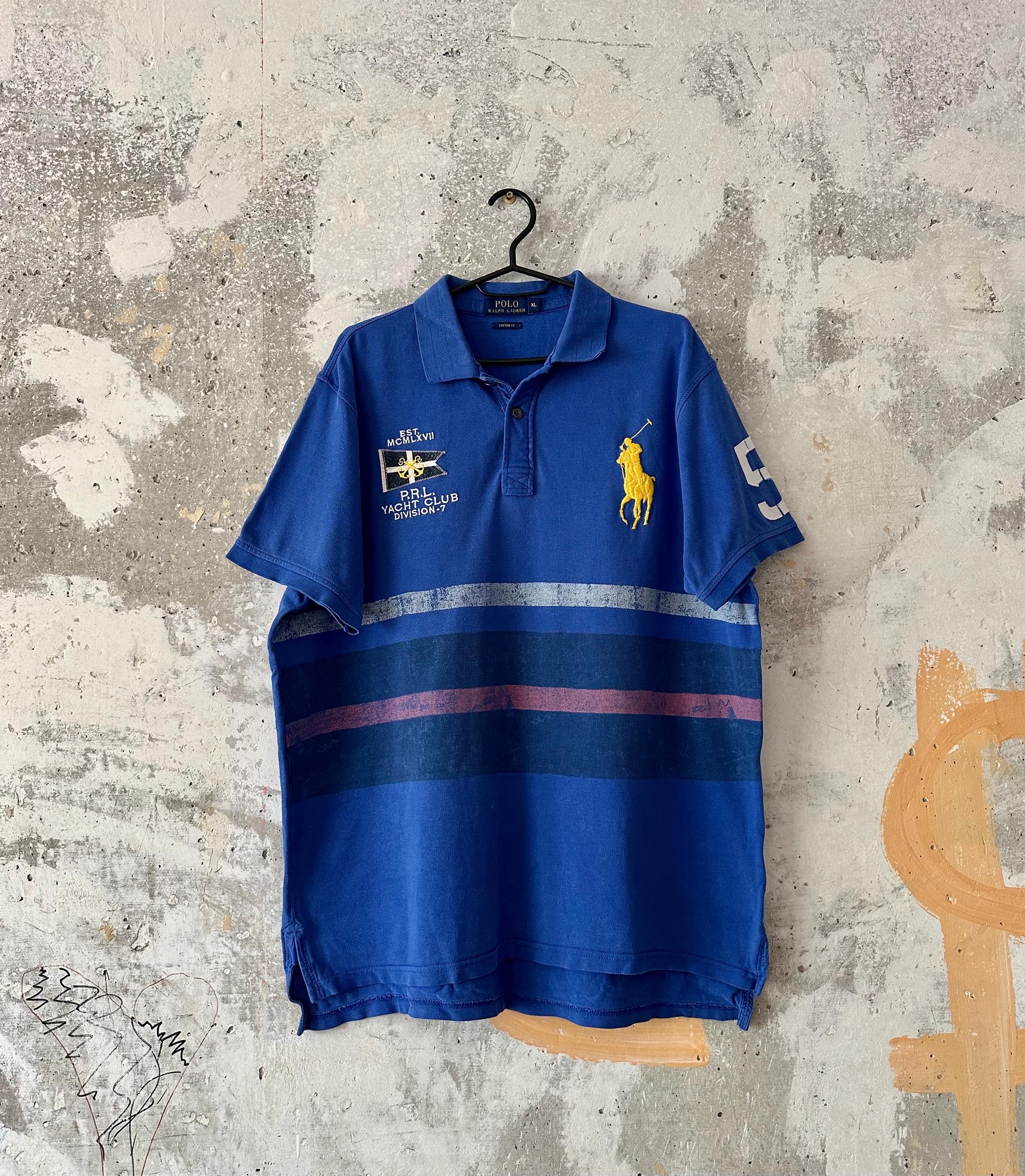 90S Vintage Polo Ralph Lauren Big Pony Collar Blue Yellow T -shirt