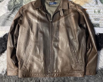 90S Crazy Vintage Polo Ralph Lauren Classic Brown Harrington Leather Jacket Size XL Y2K Style