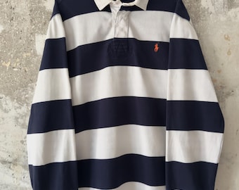 90S Vintage Polo Ralph Lauren Classic Mini Logo Striped Blue White Rugby T-Shirt Size XL Y2K Style