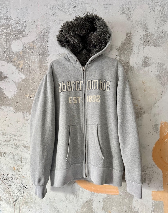 90S Vintage Abercrombie & Fitch Full Fur Faux Big Logo Gray Zip up