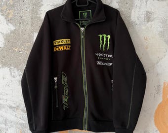 Vintage Monster Energy Tecno Factory Big Logo Fleece Black Green Moto Racer Zip Jacket Size S Y2K