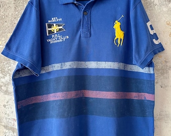 90S Vintage Polo Ralph Lauren Big Pony Collar Blue Yellow T -shirt