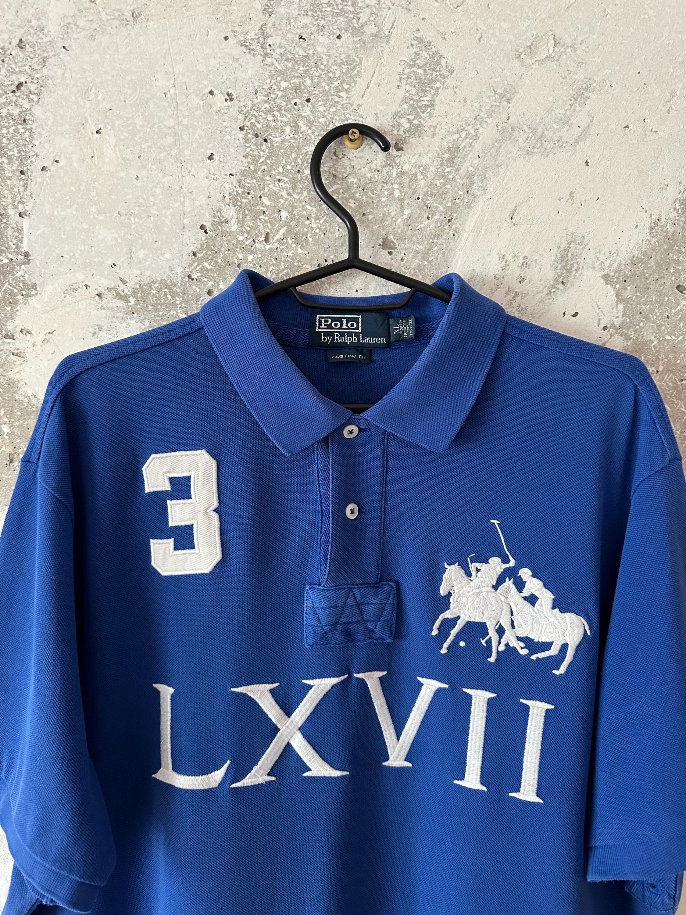 90S Vintage Polo Ralph Lauren Big Logo LXVII Pony Blue White T