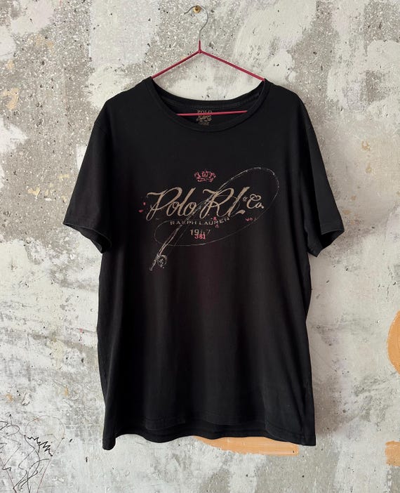 RRL POLO Ralph Lauren Big Logo Fishing Rod Embroidered Black T 