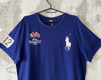 90S Vintage Polo Ralph Lauren Big Logo ITALY Blue T-shirt Size L